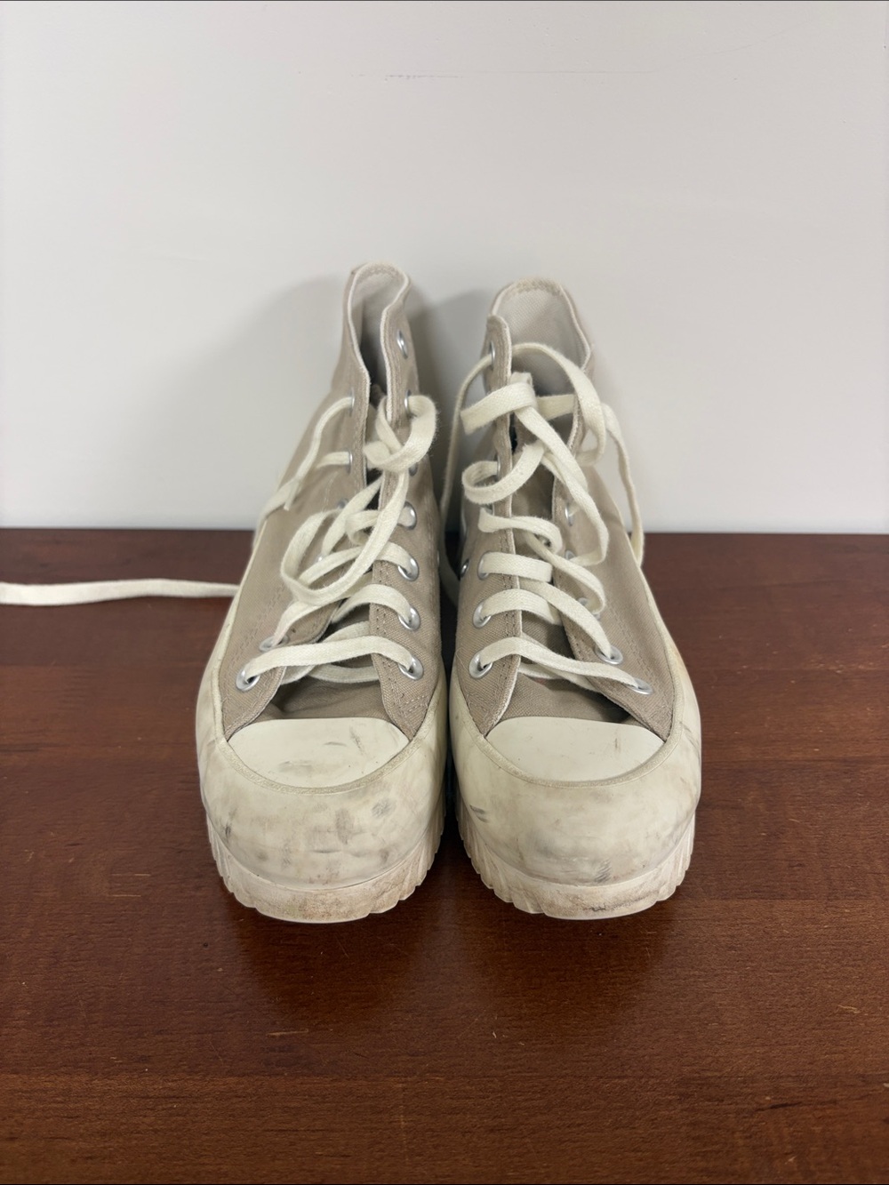 Canvas High-Top Sneakers in Light Taupe and White